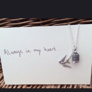 NECKLACE NEW ANTIQUE SILVER BIRD/BIRDCAG